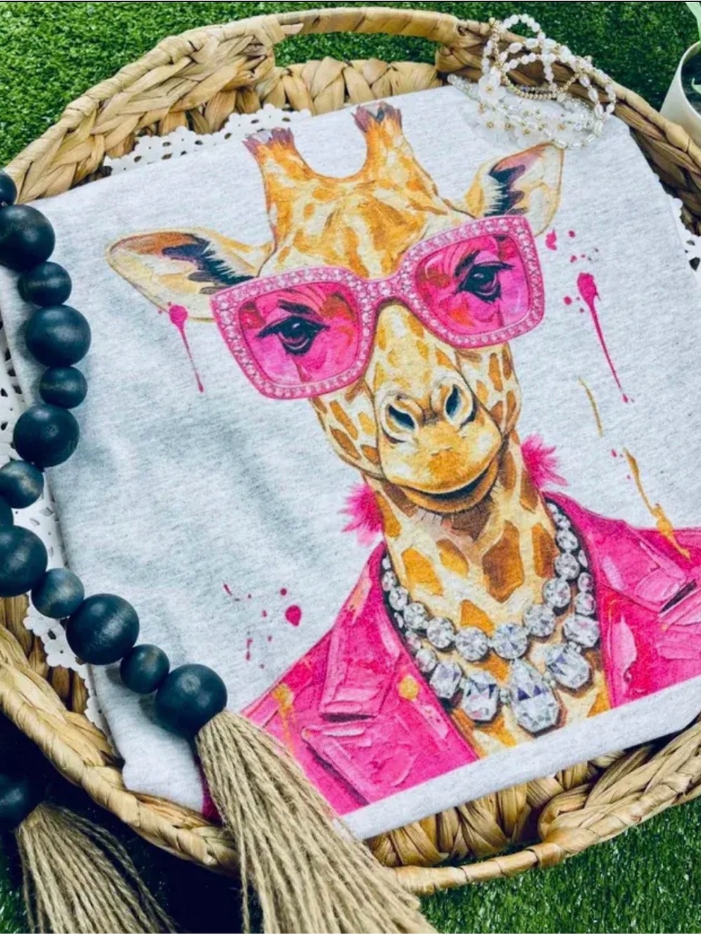 Glitz glam giraffe bling necklace vintage washed chic graphic tunic top shirt